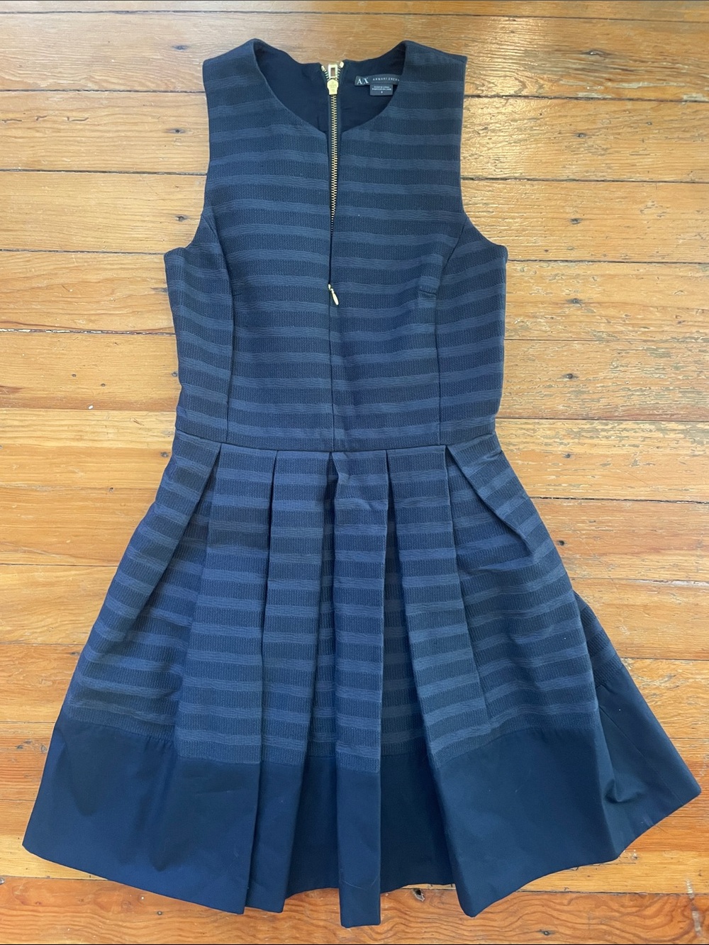 Armani Exchange Navy Striped Pleated Sleeveless Dress